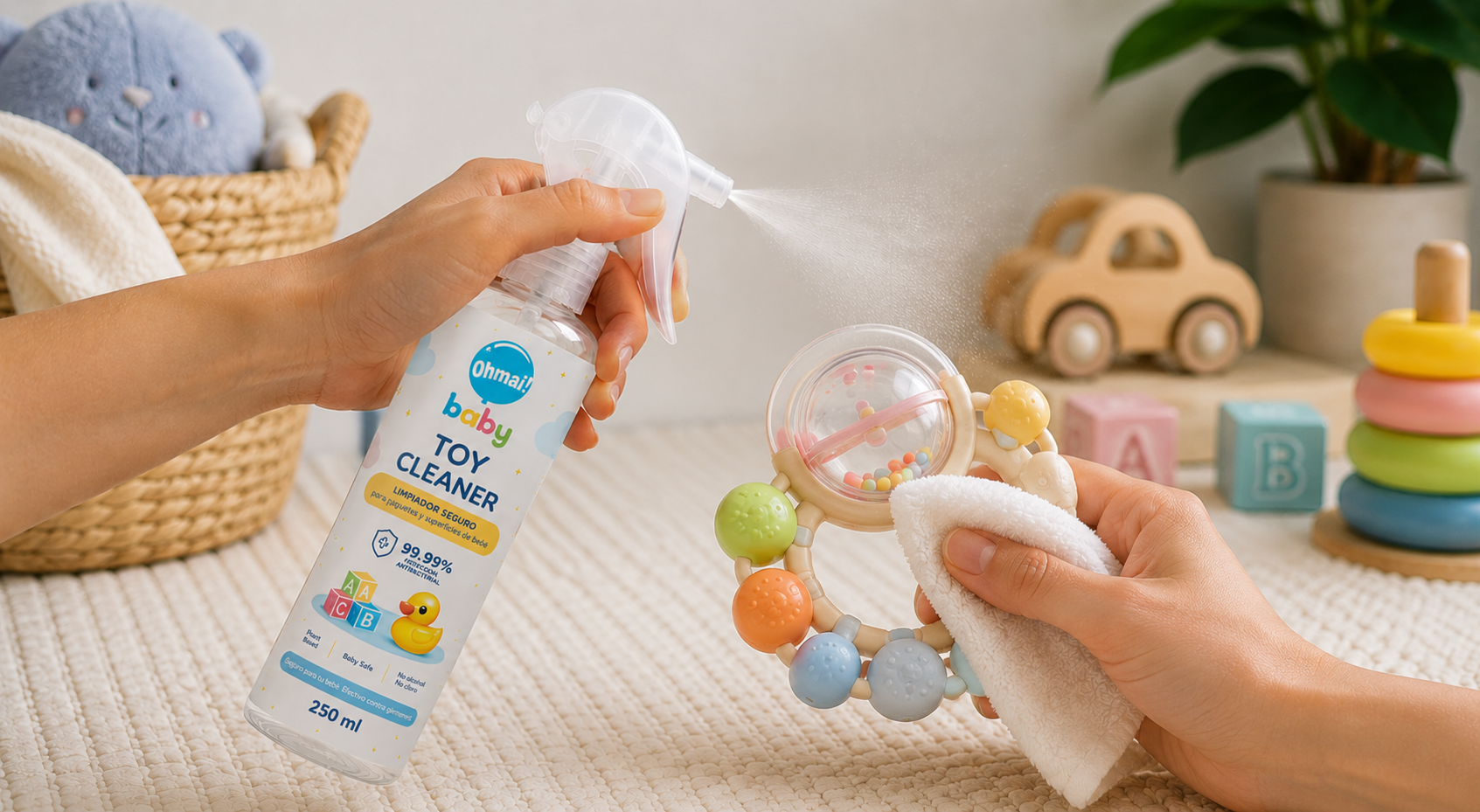 Ohmai! Baby Toy Cleaner siendo aplicado en juguete de bebé